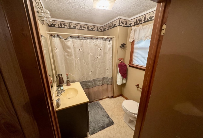 Full bathroom with vanity, baseboards, a textured ceiling, curtained shower, and toilet