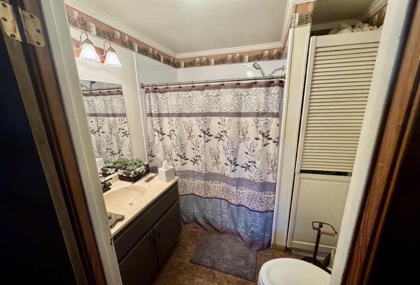 Full bath featuring vanity, curtained shower, toilet, and ornamental molding