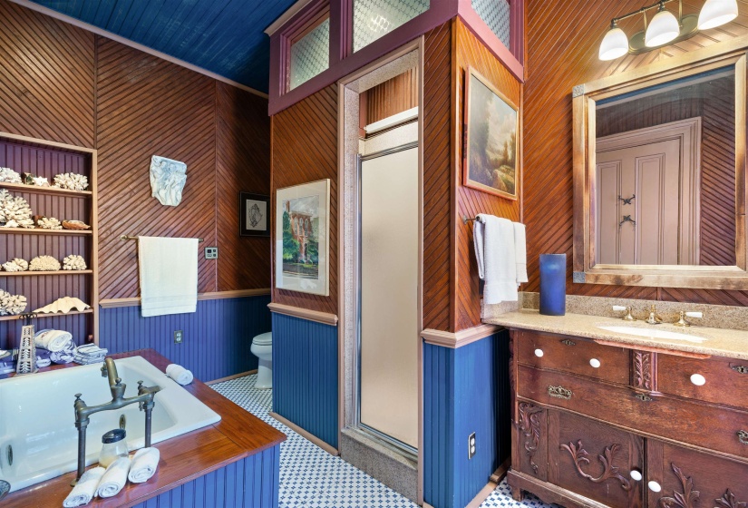 Bathroom with wood walls, toilet, tile floors, a bath, and vanity