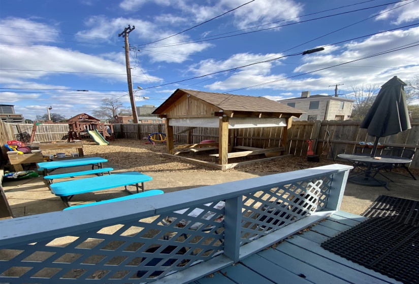 Wooden terrace featuring a fenced backyard and a playground
