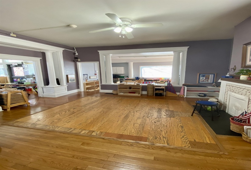 Living area featuring wood-type flooring, a ceiling fan, and ornate columns