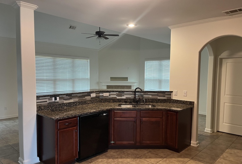 Kitchen with dishwasher, a ceiling fan, a sink, and visible vents