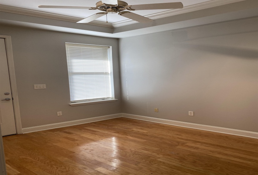 Spare room with baseboards, ceiling fan, light wood-style floors, and ornamental molding