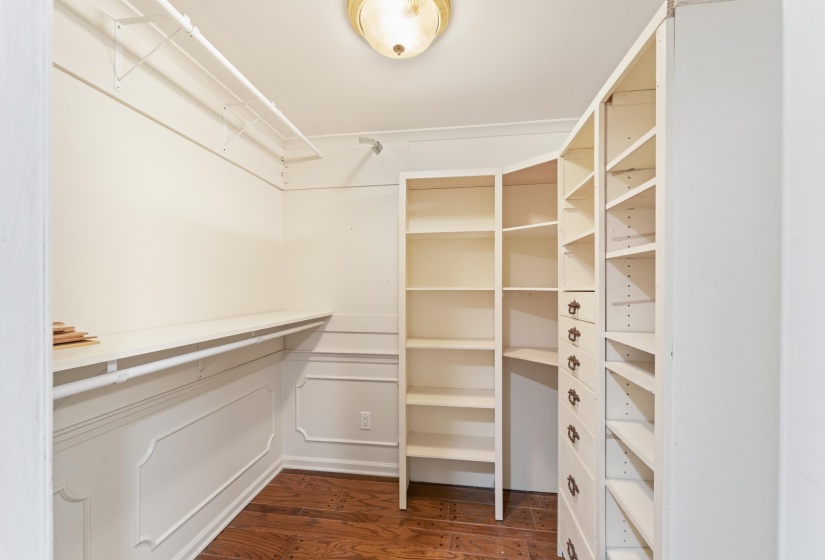 Walk in closet with dark wood-type flooring