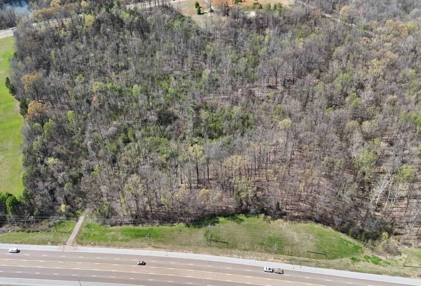 Drone / aerial view with a wooded view