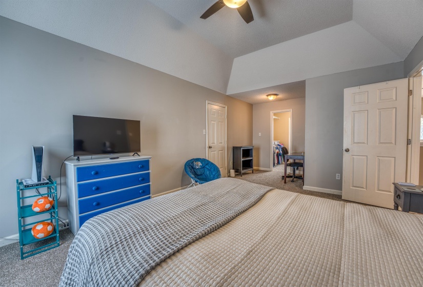 Carpeted bedroom featuring baseboards, lofted ceiling, and ceiling fan