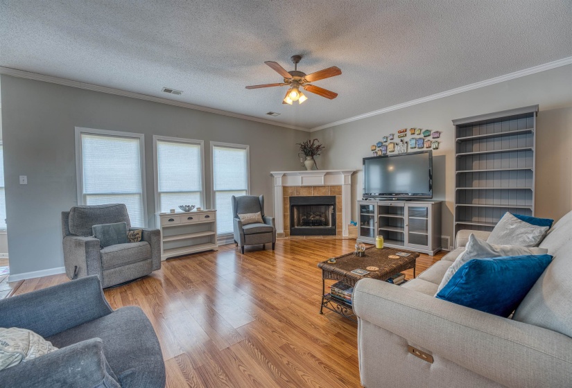 Living room with ornamental molding, light wood-style floors, and a ceiling fan