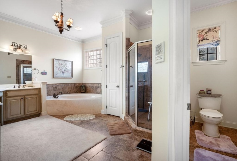 Bathroom with a bath, crown molding, vanity, a stall shower, and a notable chandelier