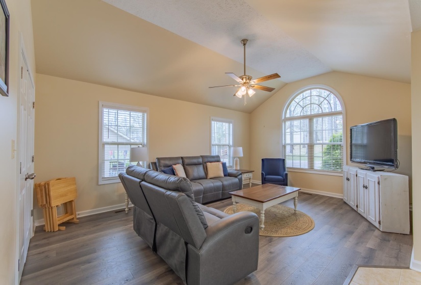 Living room featuring dark wood-type flooring, vaulted ceiling, and a wealth of natural light