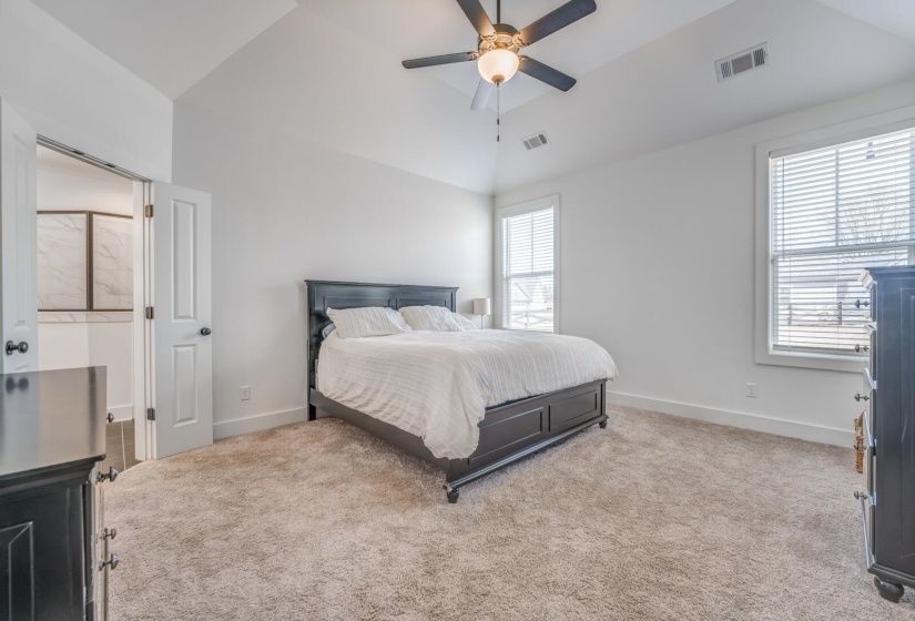 Bedroom featuring carpet floors, visible vents, and vaulted ceiling