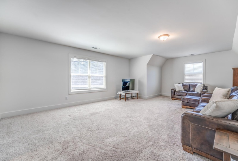 Carpeted living area with baseboards and visible vents