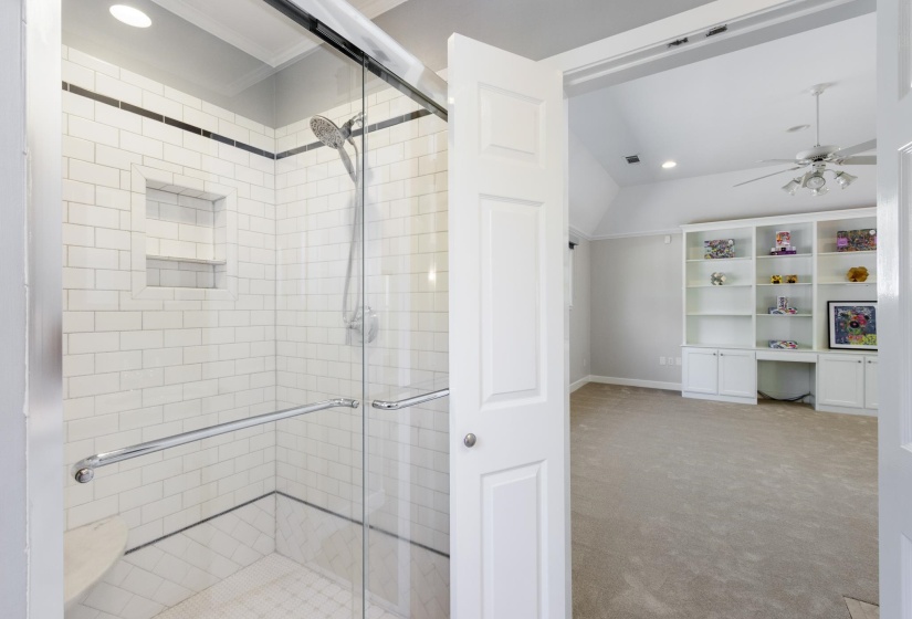 Floor to Ceiling Bookcase Desk Area in this Luxury Primary Suite!