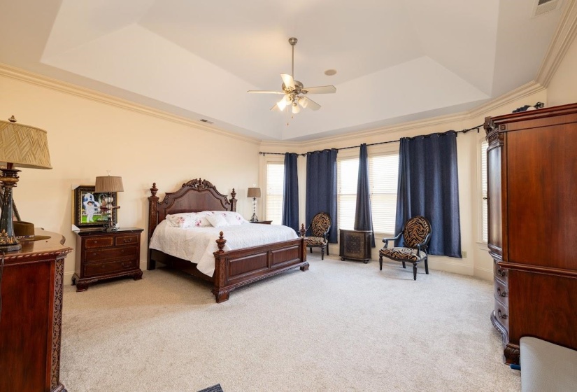 Bedroom featuring a tray ceiling, crown molding, light colored carpet, and ceiling fan
