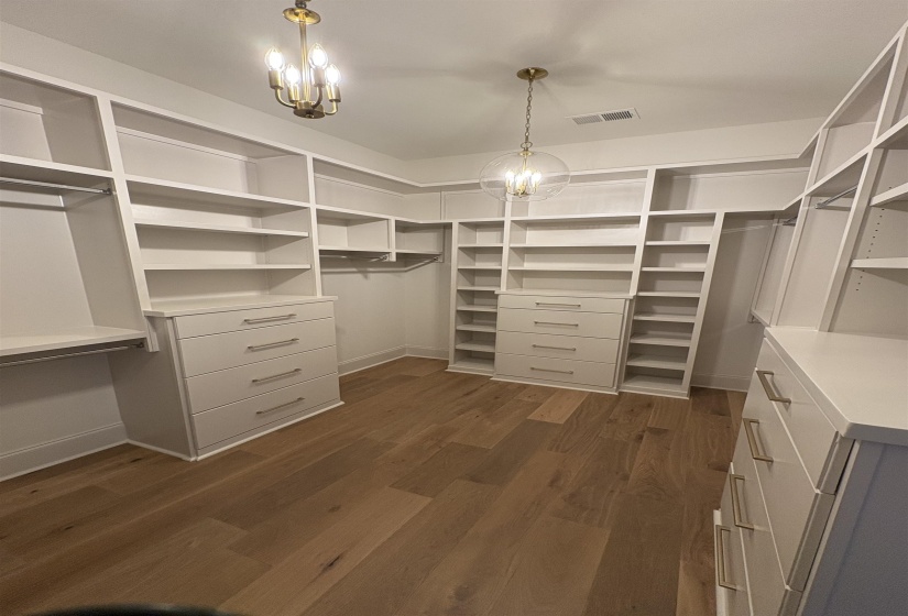 Spacious closet with dark wood-style floors, a chandelier, and visible vents