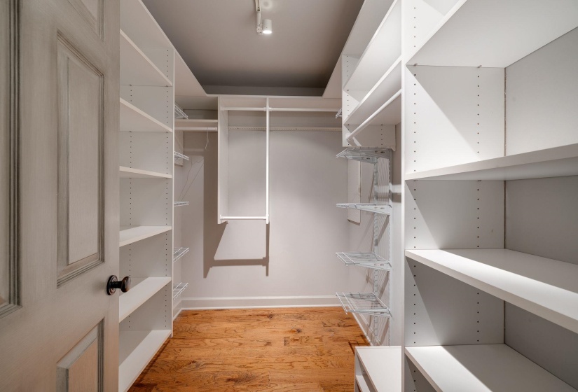 Walk in closet with wood finished floors