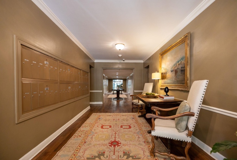 Hall featuring wood finished floors, ornamental molding, baseboards, and mail area