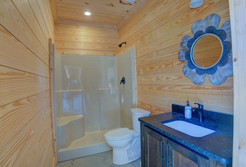 Full bath featuring toilet, wood walls, a shower stall, and vanity