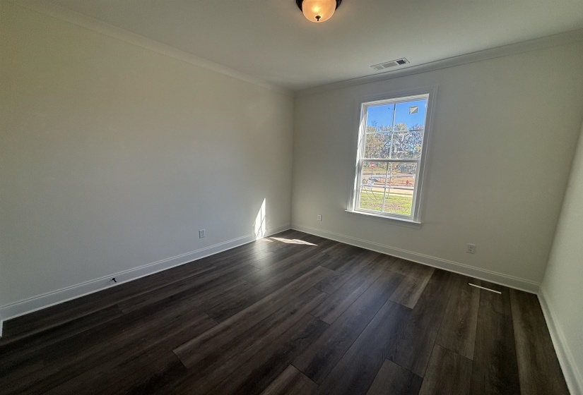 Spare room with dark wood finished floors and ornamental molding