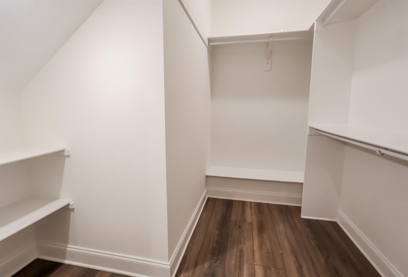 Walk in closet with dark wood finished floors