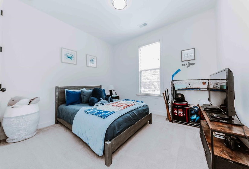 Bedroom with baseboards, visible vents, and carpet