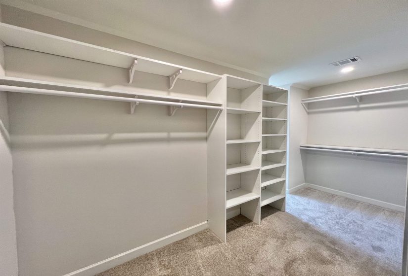 Walk in closet with light colored carpet