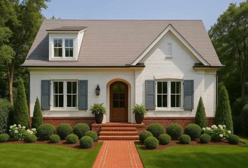 View of front facade with brick siding, entry steps, and a front lawn
