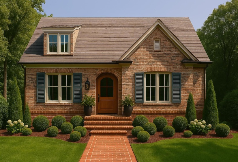 Tudor home featuring brick siding