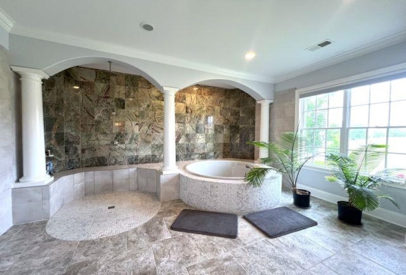 Bathroom with ornamental molding, visible vents, a tile shower, a garden tub, and ornate columns