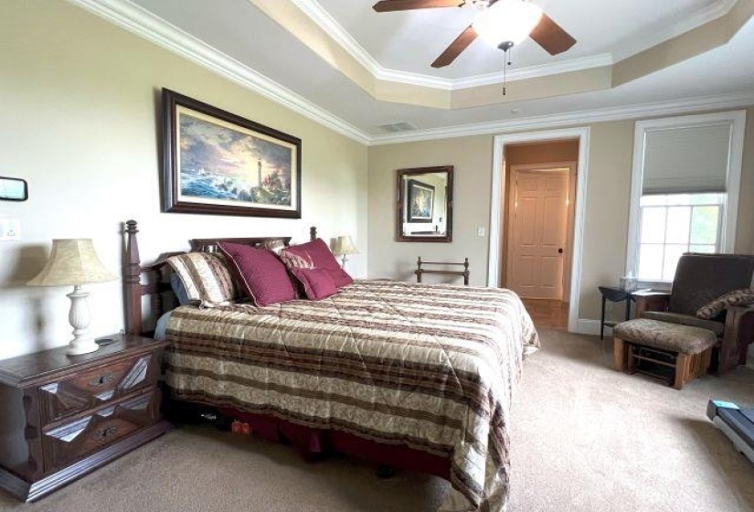 Bedroom with ornamental molding, a baseboard radiator, carpet floors, a ceiling fan, and a raised ceiling