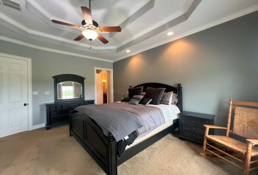 Bedroom featuring a ceiling fan, a tray ceiling, visible vents, crown molding, and light colored carpet