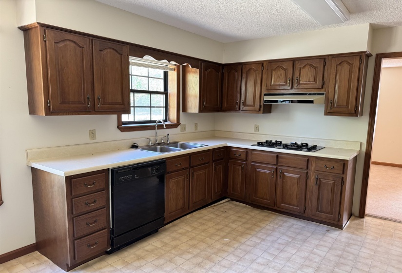 Kitchen with a sink, exhaust hood, light floors, black appliances, and light countertops