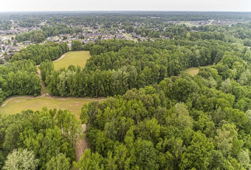 Aerial view of property's location with a heavily wooded area