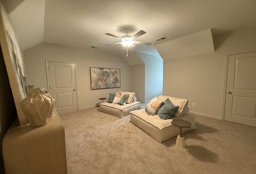 Living room featuring lofted ceiling, carpet, and a ceiling fan