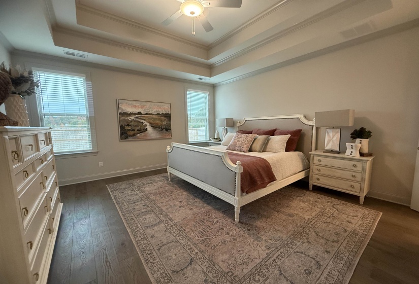 Bedroom featuring a tray ceiling, ornamental molding, a ceiling fan, and dark wood-style floors