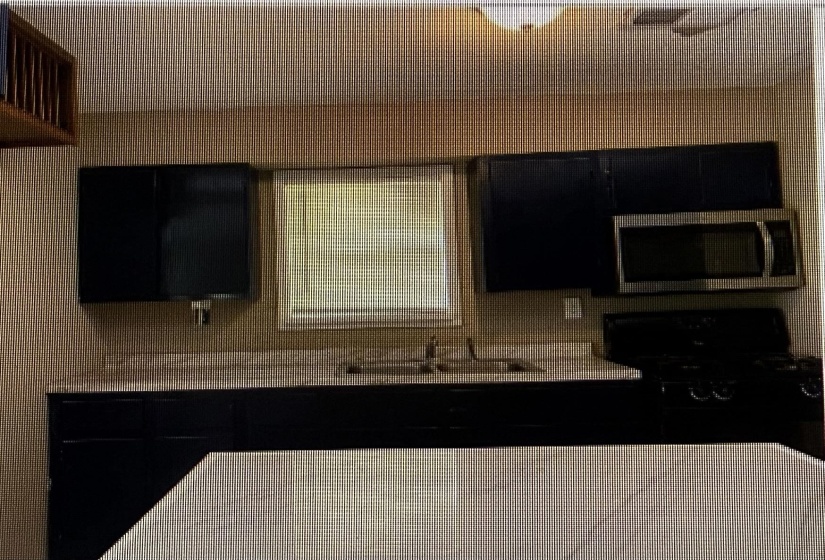 Kitchen with stainless steel microwave, black range, a sink, and dark cabinetry