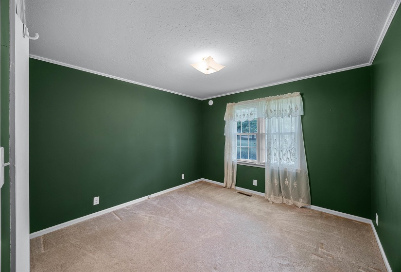Unfurnished room with a textured ceiling, carpet, and ornamental molding