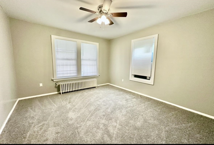 Unfurnished room featuring radiator, healthy amount of natural light, a ceiling fan, and carpet