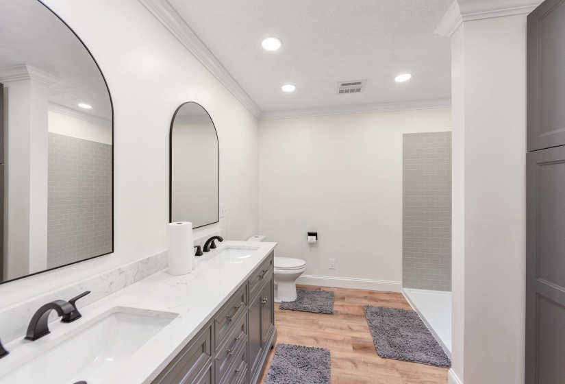Bathroom with visible vents, ornamental molding, and a sink