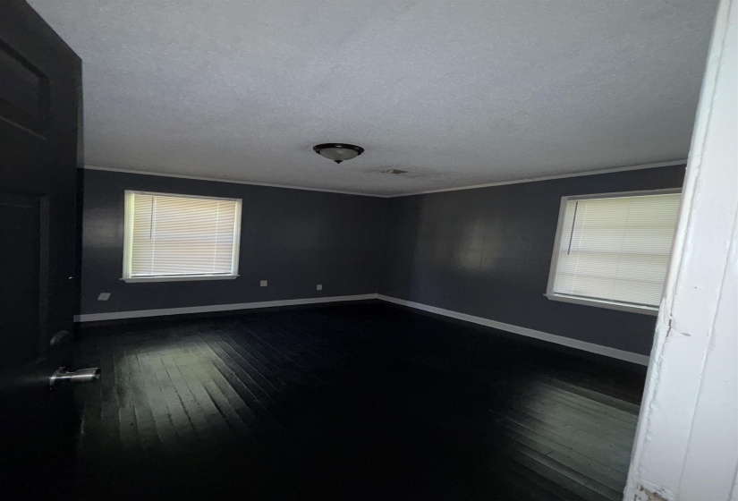 Empty room featuring dark wood-style flooring, baseboards, a textured ceiling, plenty of natural light, and ornamental molding