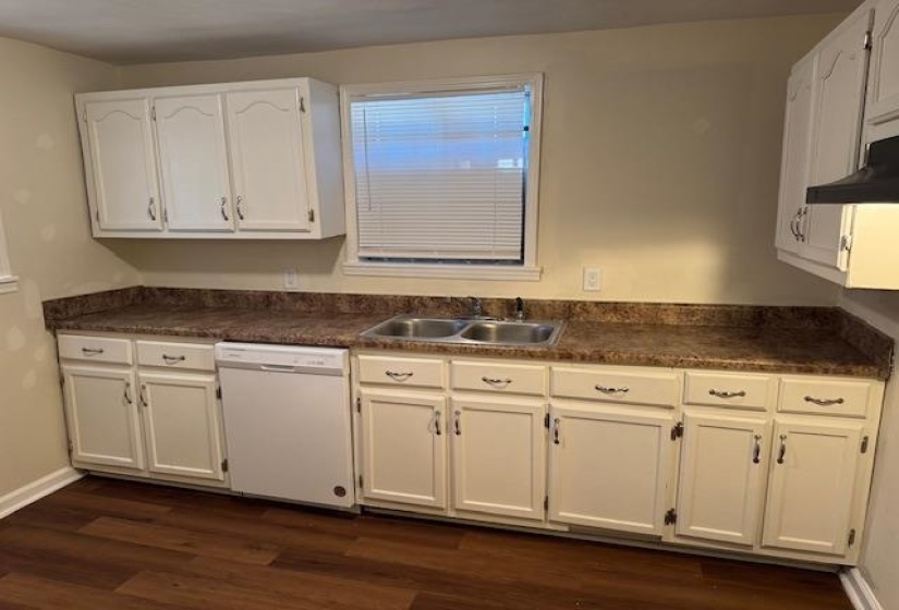 Kitchen with dark hardwood / wood-style flooring, white dishwasher, white cabinets, and sink
