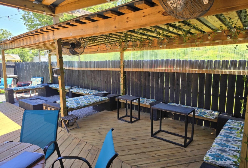 Wooden deck with a fenced backyard