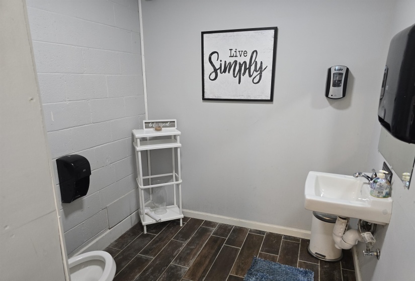 Bathroom with wood tiled floors and baseboards