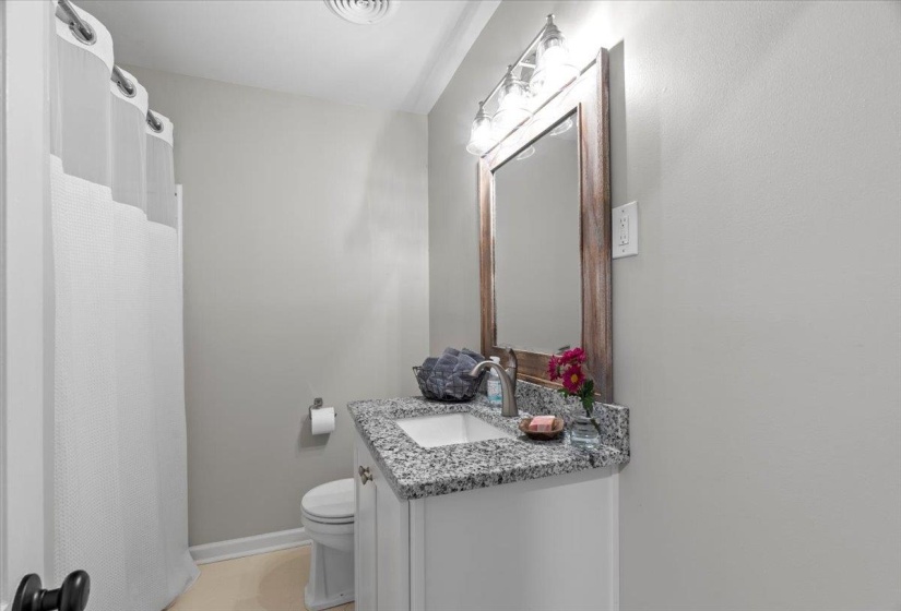 Bathroom with vanity, toilet, and a shower with shower curtain