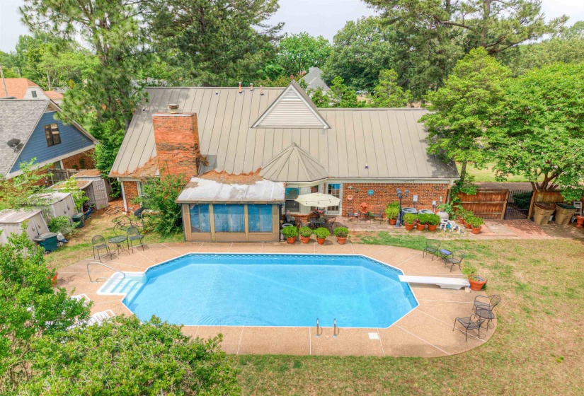 View of swimming pool featuring a diving board and a patio