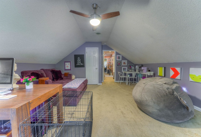 Interior space with carpet floors, a textured ceiling, vaulted ceiling, and a ceiling fan