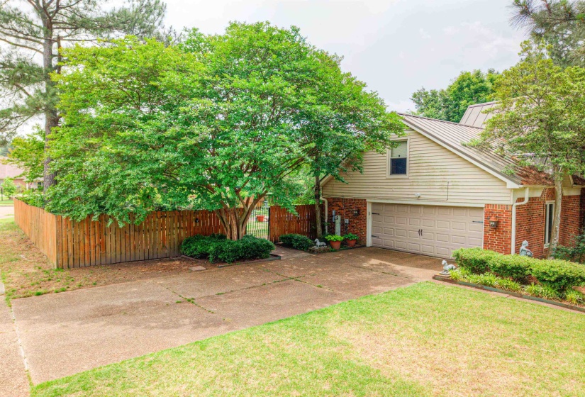 View of property hidden behind natural elements with driveway, brick siding, metal roof, and a standing seam roof
