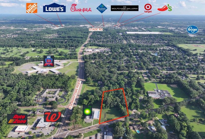 Aerial overview of property's location featuring property boundaries highlighted