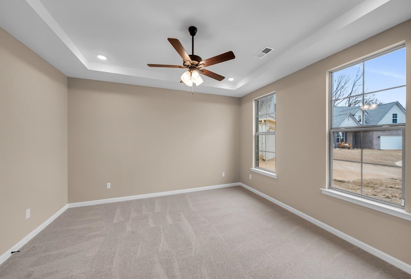 Spare room featuring a raised ceiling, visible vents, plenty of natural light, and baseboards