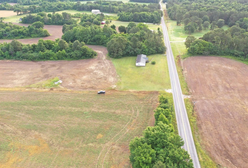 Aerial overview of property's location featuring rural landscape