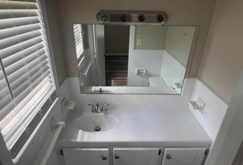 Bathroom featuring vanity and decorative backsplash